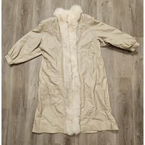 Vintage David Green Leather Trench Coat With Fox Collar Size Large